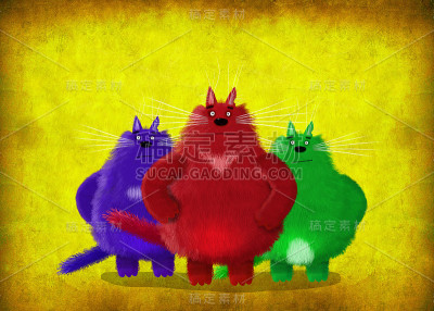 黄色背景下三只勇敢的猫