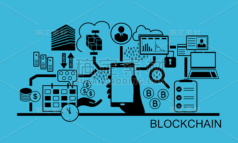 区块链矢量背景插图与手持智能手机和图标。