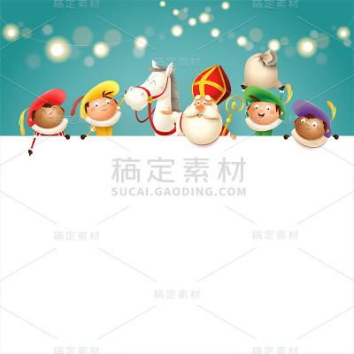 圣尼古拉斯他的马和助手在船上-快乐可爱的角色庆祝荷兰节日-向量插图绿松石背景灯