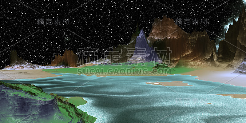 Alien Planet. Mountain and lake. 3D rendering