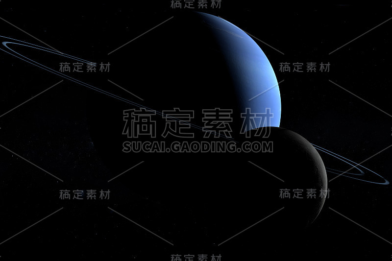 卫星绕海王星轨道运行。三维渲染