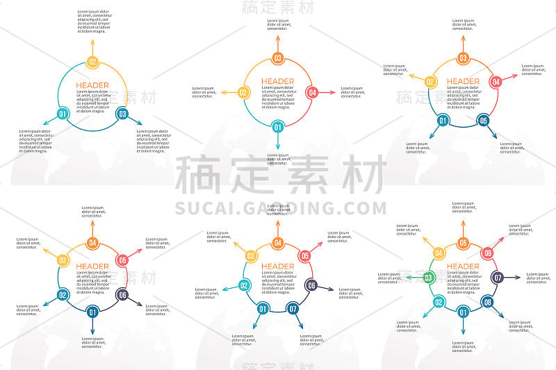 业务信息图。线性图3-8步，选项。矢量图。