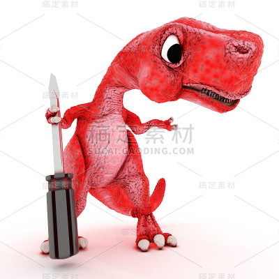 友好的卡通恐龙与螺丝刀