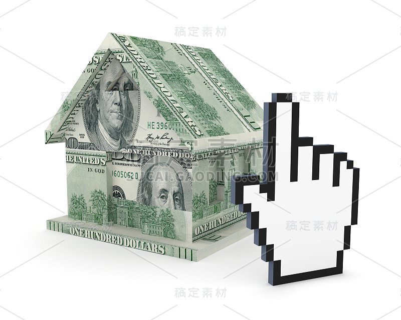 由美元和大光标组成的小房子。