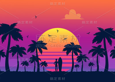 热带夏季棕榈树的剪影，冲浪者和海滩在一个梯度日落的背景。