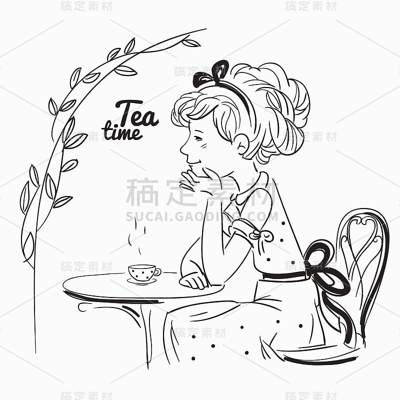 美丽的女孩在桌子上喝茶