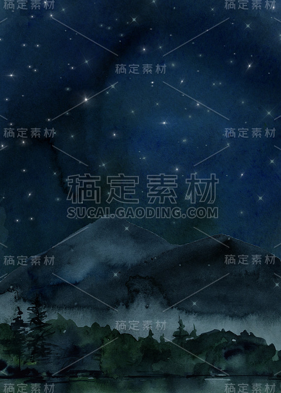 水彩画卡与夜晚的山，天空，河流，星星，草的形象