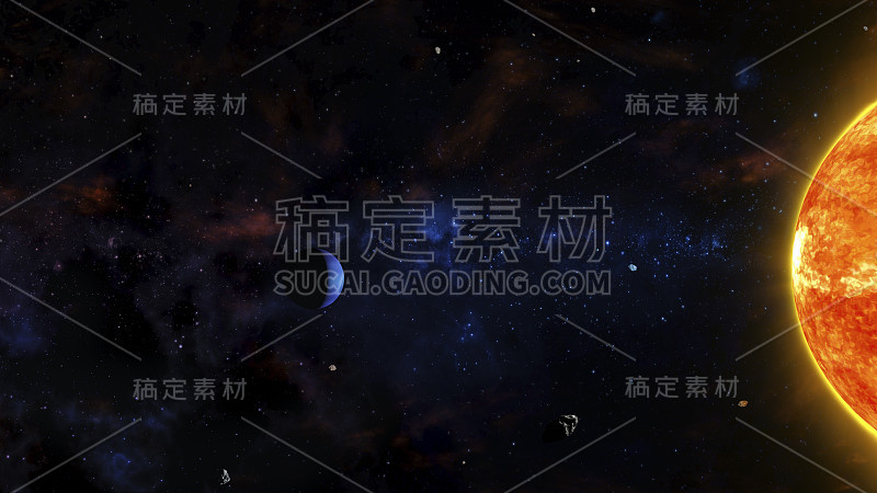 科幻外太空场景与红星，气体行星，小行星和星云