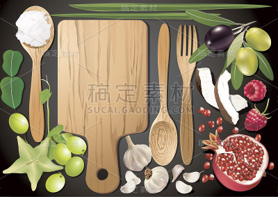 矢量木砧板与原料，蔬菜和水果