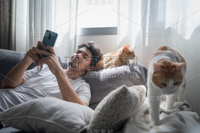 一名年轻人在沙发上用手机，头靠在一只棕色虎斑猫的背上