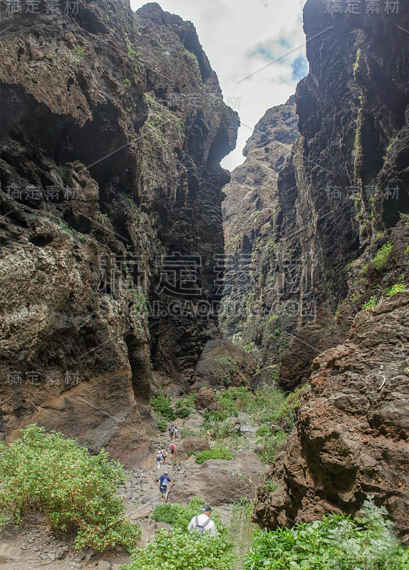 特内里费岛马斯卡峡谷的岩石，显示出凝固的火山熔岩流层和拱形构造。峡谷或峡谷从900米的高度通向海洋