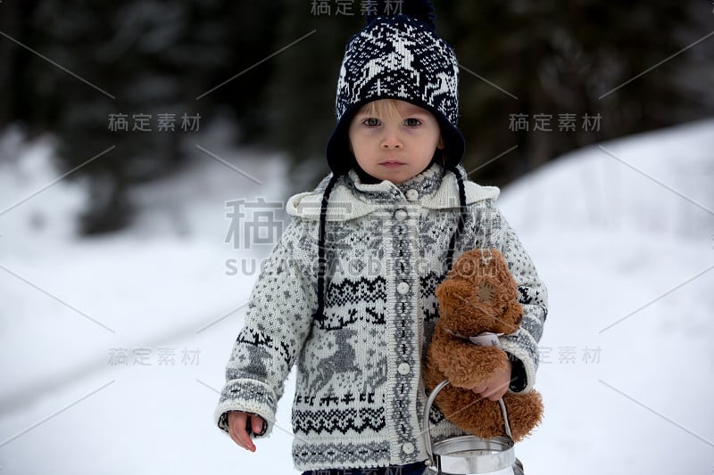 可爱的男孩在雪地里玩泰迪熊，冬天的时候。小孩子在下雪天玩玩具