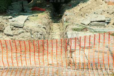 建筑工地的安全网围栏作为路障，在街道上的壕沟。