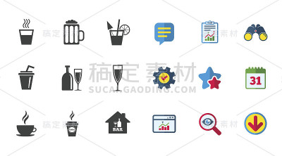 鸡尾酒,啤酒图标。咖啡和茶饮料。