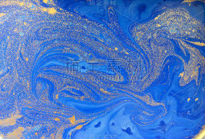 蓝色和金色液体纹理，水彩手绘大理石纹路插图，抽象背景