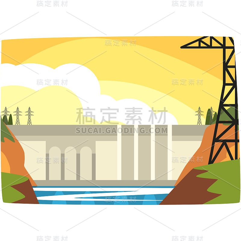 水力发电厂、水能产业概念、可再生资源水平矢量图解
