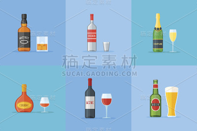 装酒精饮料的瓶子和玻璃杯。平面样式图标。矢量插图。