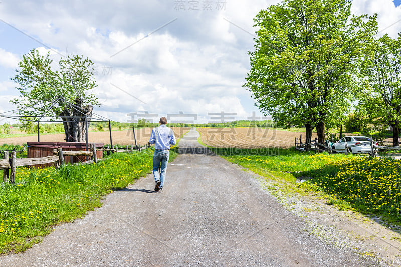 奥尔良岛的风景是夏天种植土豆的棕色田野和人行走的小路