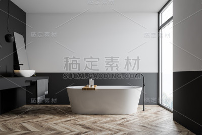 白色和灰色浴室的侧视图