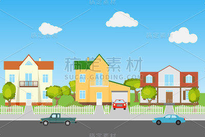 蓝色背景上有房子和汽车的街道。现代的街道。