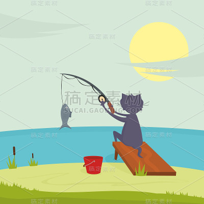 猫钓鱼插图