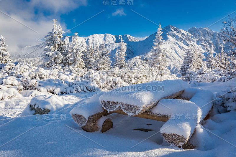 波兰塔特拉山脉一条雪地上的长凳