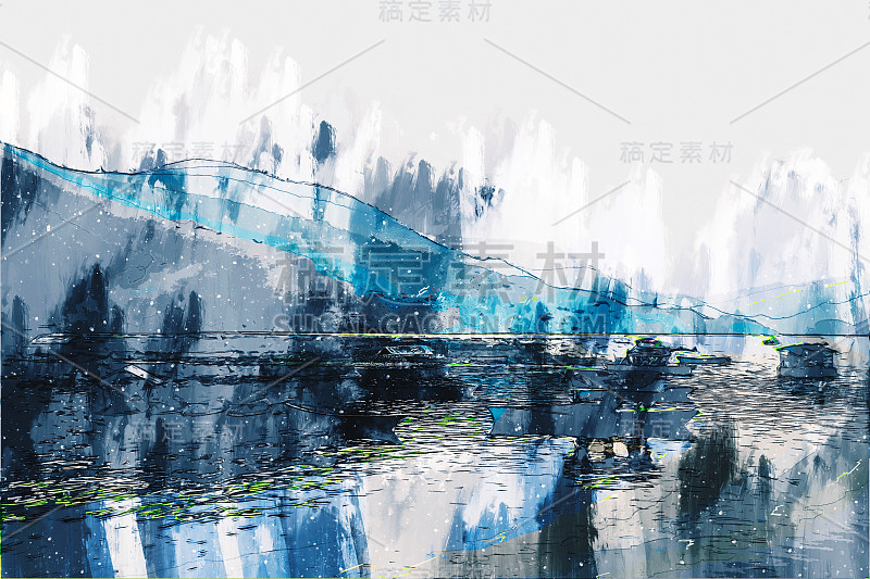 抽象数字山景画和湖景画，风景插图为背景