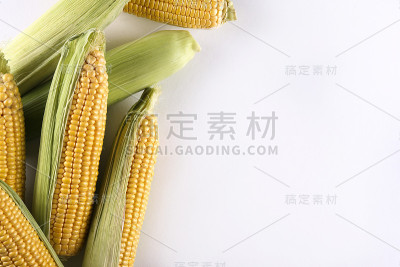 带叶的甜玉米穗。极简的俯视图组合。