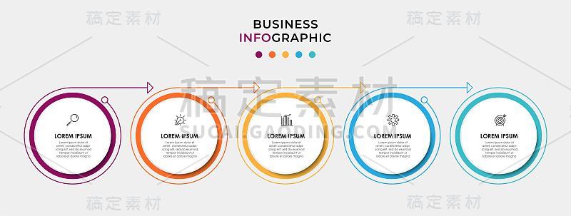 矢量信息图设计业务模板与图标和5个选项或步骤。可用于流程图，演示文稿，工作流布局，横幅，流程图，信息