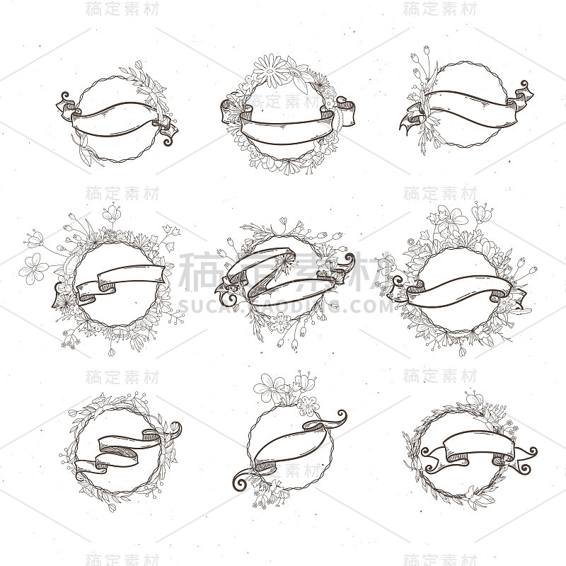 乡村手绘花卉元素和丝带集。矢量花涂鸦，树枝，花，月桂和框架。