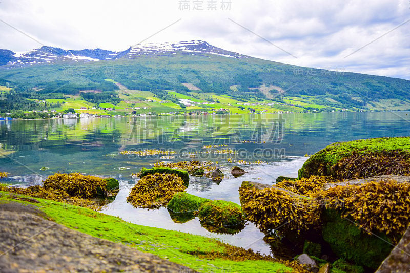 美丽的Innvik峡湾和山脉景观与美丽的绿色石头从Innvik村岸边。挪威。