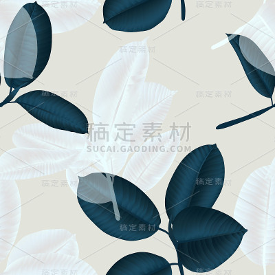无缝图案，深绿色和白色的弹性无花果叶在浅粉红色的背景