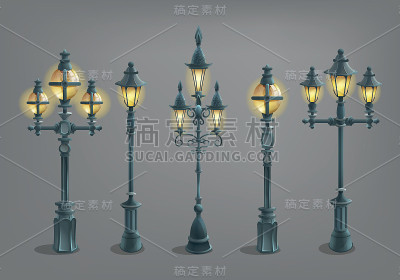一套卡通街灯。矢量插图。