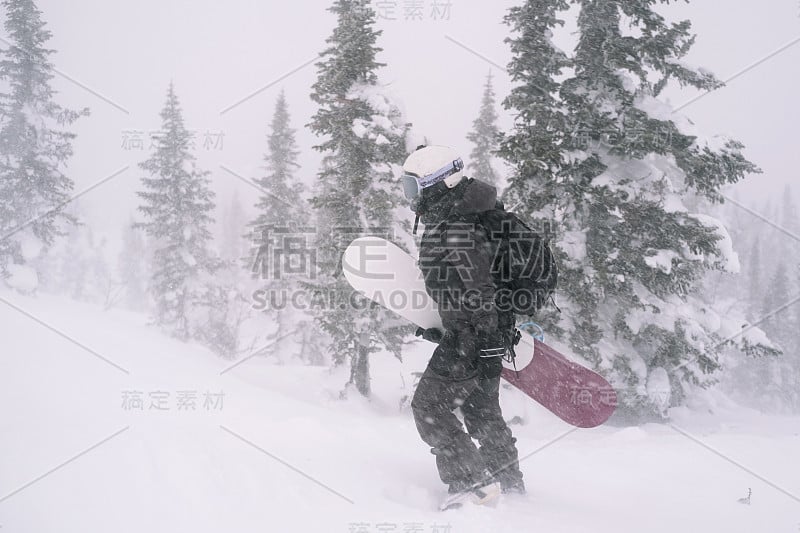 在大雪和暴风雪的冬季山上，手持滑板的滑雪者走下雪坡，免费乘车