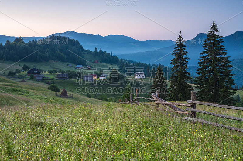 阿尔卑斯山上的田园诗般的风景，有着清新的绿色草地