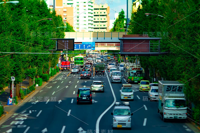 东京Oume大街上的一个微型城市街道白天倾斜