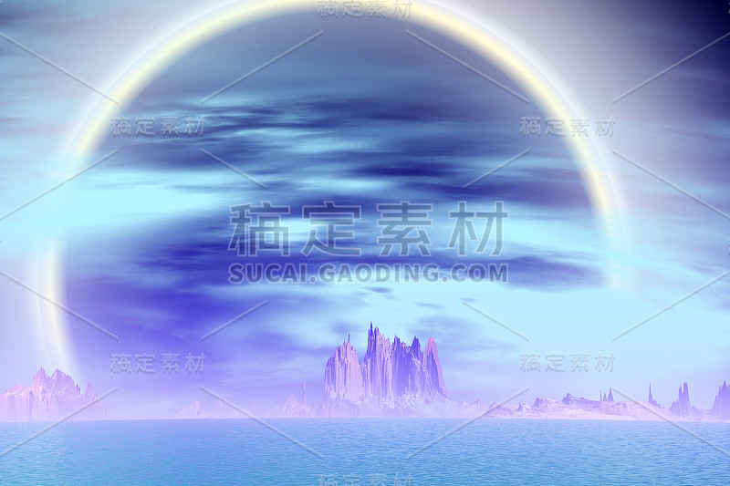 3D渲染幻想外星球。岩石和海