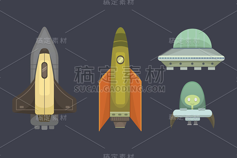 卡通风格的火箭船。新企业创新发展平面设计图标模板。宇宙飞船插图集。