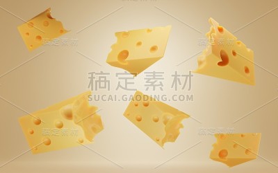 掉下来的瑞士、荷兰或意大利硬奶酪。三角块状的奶酪块，切达干酪带洞。天然农场乳制品广告推广，黄色背景3