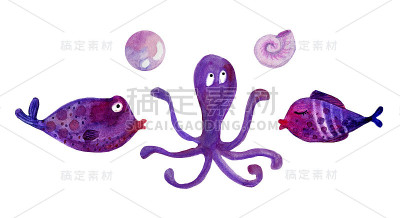 一套紫色的海洋生物在水彩