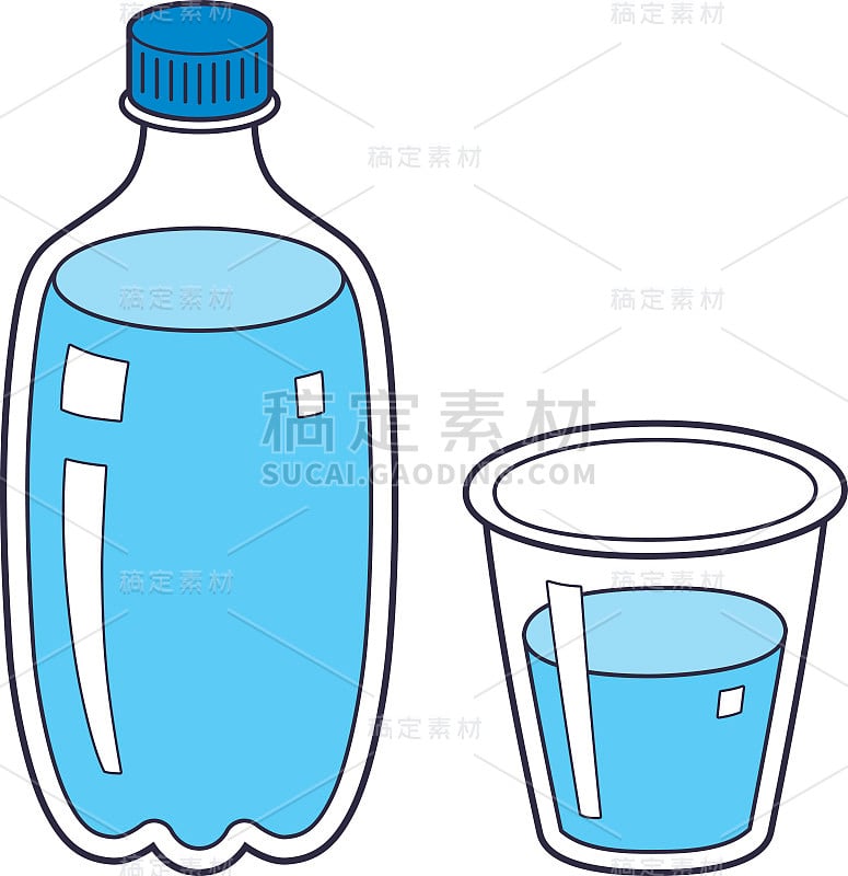 塑料水瓶和杯子或玻璃杯。