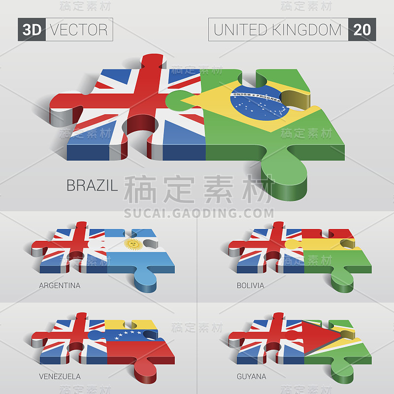 英国国旗。3d矢量拼图。20套。