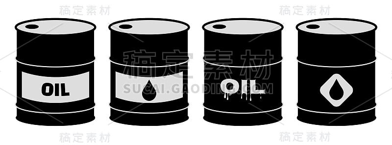 一组油桶图标。黑色原油桶矢量图。