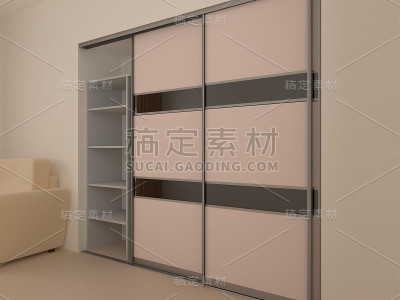 带有滑动门的衣柜。家具。室内设计。三维渲染