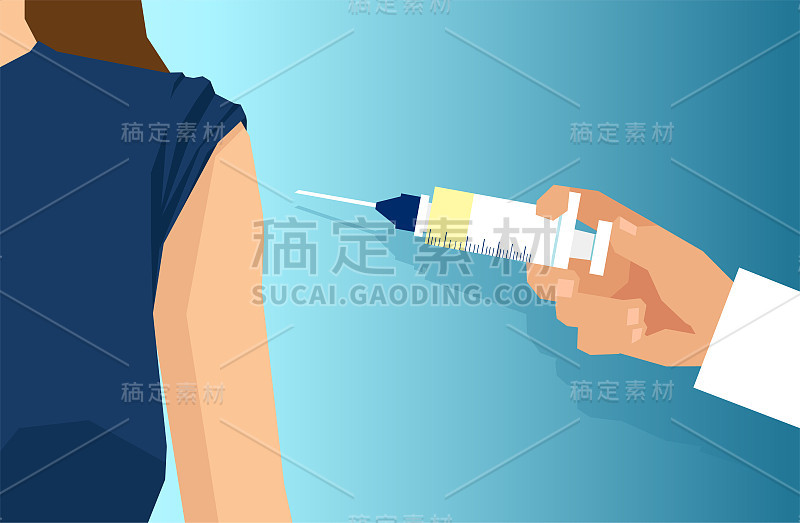 医生用注射器向病人肩部注射疫苗的载体。