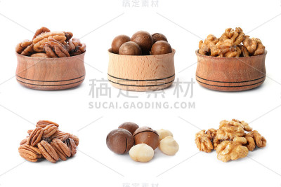 设置不同美味的坚果在白色背景
