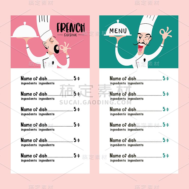 Chef French kitchen. Vector illustration of menu t