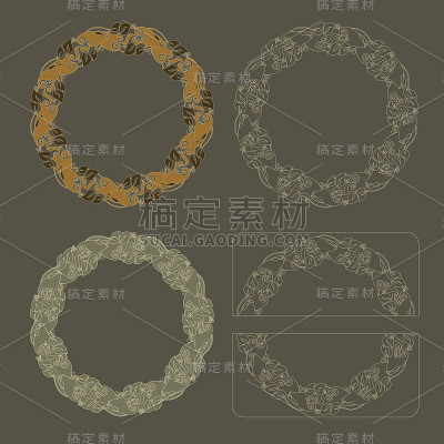 手绘矢量设置圆形花卉古董框架。