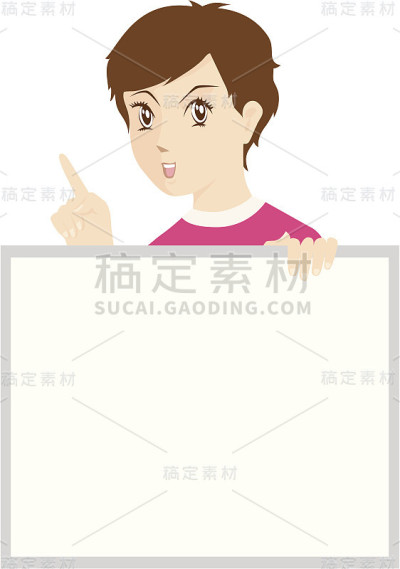 一个年轻女子举着一个空白的牌子，指着说着话