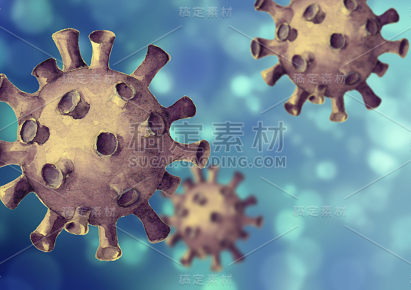 病毒的蓝色背景。手绘三维模拟新型冠状病毒细胞